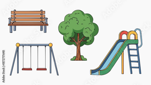 Children's playground equipment including swings, slide, and bench near tree, viewed directly from the front