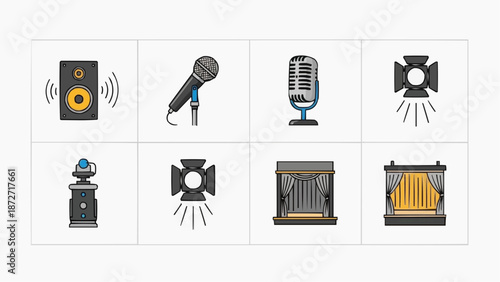 A collection of audio equipment icons displayed in a grid layout on a clean white background showcasing various icons from img_0swqh4_fx.svg