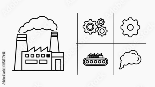 Industrial facility with machinery and tank icons representing manufacturing process and technology advancements in a modern setting viewed from the front.