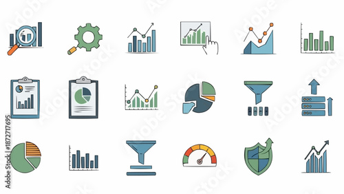 Collection of Business and Finance Icons Representing Data Analysis.