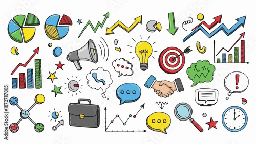 Collection of business and finance related hand drawn icons and symbols.