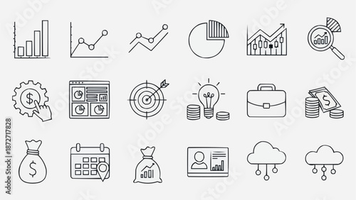 Collection of business and finance icons hand drawn style.