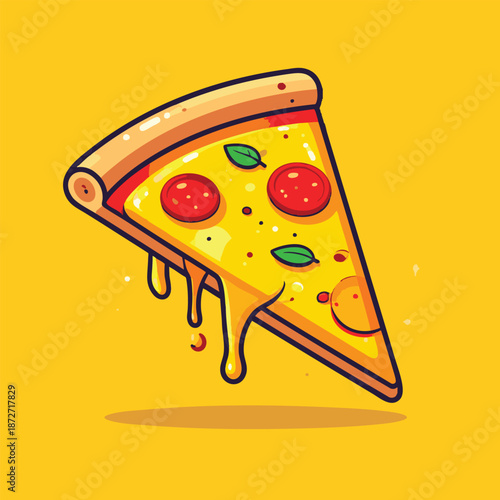 A cartoon slice of pizza with melted cheese and toppings on a yellow background