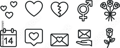 Line art icons representing love and relationships, including hearts, symbols, and gestures