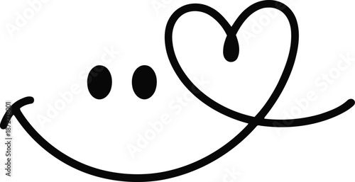 Simple black and white illustration of a smiling face with a heart for an eye