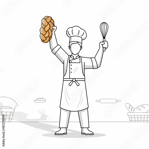baker holding freshly baked challah bread and whisk celebrating culinary expertise in a clean kitchen for food blogs and recipes.