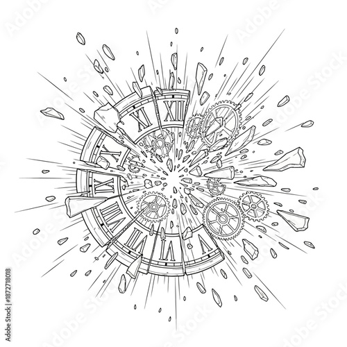 broken clock exploding artwork with gears and roman numerals scattering symbolizing time pressure urgent deadlines and critical disruption