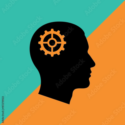 brain intelligence concept human head with gear symbolizing logical thinking and innovation for business and education.