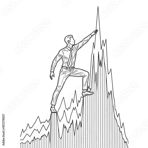 business growth concept featuring a determined businessman climbing a steep financial graph symbolizing market success and career progression.