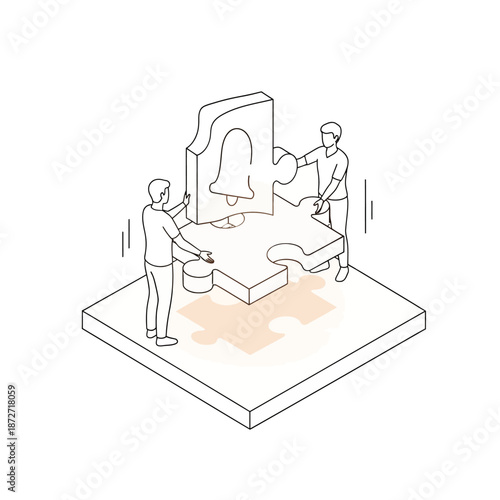business solution teamwork concept with men integrating a notification bell puzzle piece representing strategic development and system alert integration.