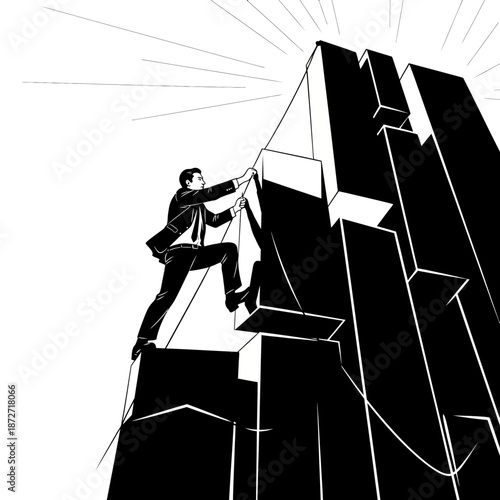 businessman climbing abstract city blocks towards success and achievement representing corporate challenge ambition and reaching career goals