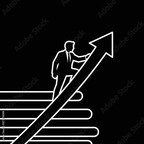 career development growth a determined businessman climbs a sharp upward arrow path representing success progress and overcoming challenges in business strategy.