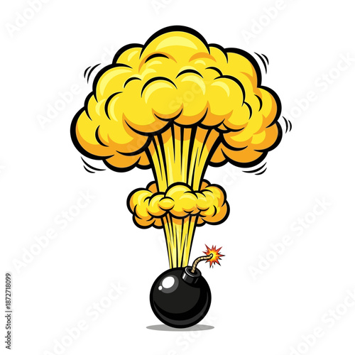 cartoon explosion graphic depicting a classic bomb detonating with a vibrant yellow mushroom cloud useful for marketing and alert designs.