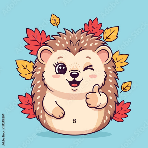 cute hedgehog character winking thumbs up surrounded by autumn leaves on a blue background for fall season projects.