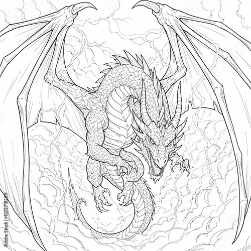 fantasy dragon line art illustration of a fearsome mythological creature emerging from stormy clouds with lightning useful for game assets.