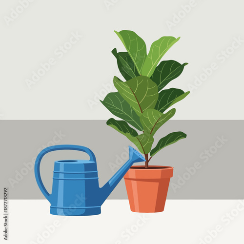 fiddle leaf fig plant and blue watering can illustration representing indoor houseplant care home decor and simple green living graphic design concepts