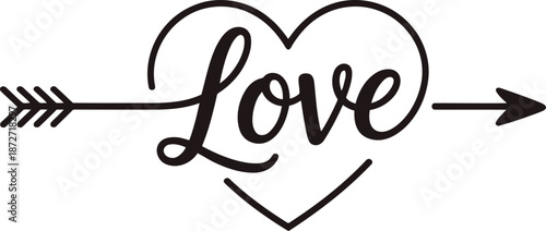 A heart with the word love written through it, pierced by an arrow