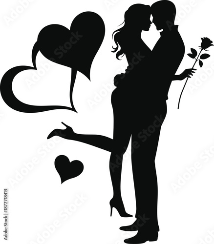 Couple Embracing and Kissing with Heart Symbols and Rose Illustration