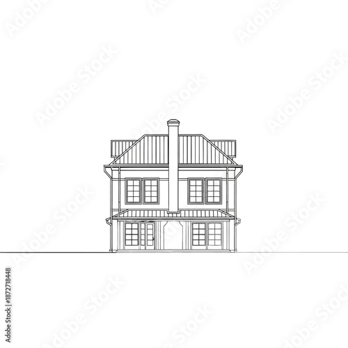 house architectural drawing showing a detailed front elevation of a residential building for real estate development and planning concepts.