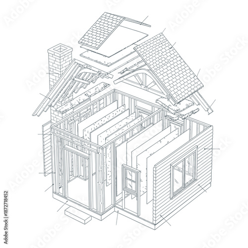 house construction diagram illustrating the detailed architectural structure framing insulation and roof layers for educational or residential planning use.
