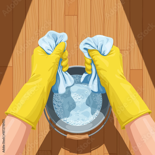 house cleaning gloved hands wringing wet cloths into a bucket of soapy water on a wooden floor depicting domestic tasks.