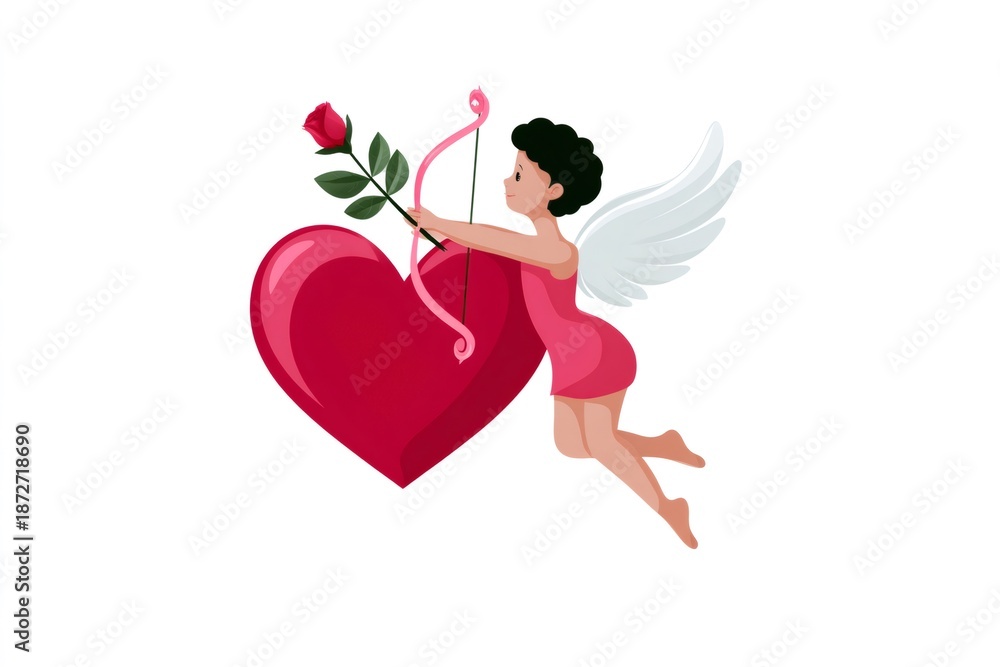 Fototapeta premium Cupid angel holding rose arrow aiming at heart