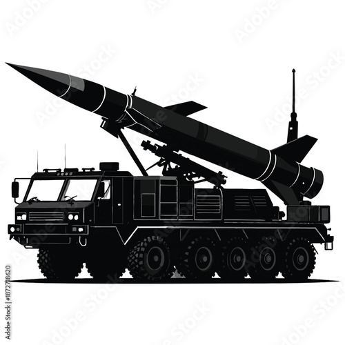 Silhouette of a missile launcher truck on a with a large rocket