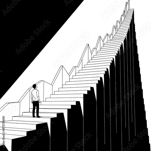 man looking up a challenging staircase representing a complex financial market analysis and business growth path towards future success and ambition