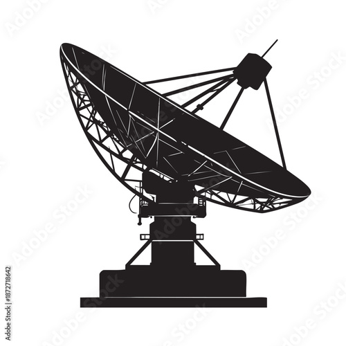 Black silhouette of a large satellite dish antenna on a stand