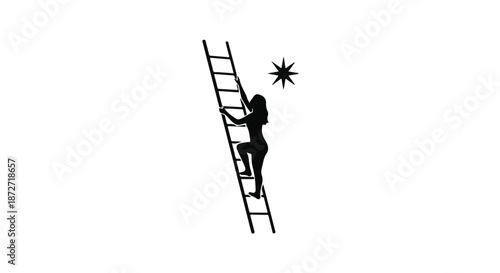 Silhouette of a woman climbing a ladder towards a shining star, symbolizing ambition and reaching goals.