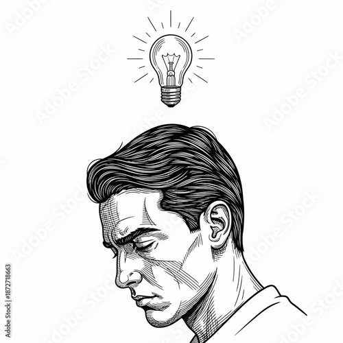 man thinking new idea glowing lightbulb above head represents inspiration for problem-solving business innovation and creative solutions.