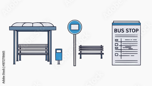 Vector illustration of a bus stop scene with shelter, bench, and sign