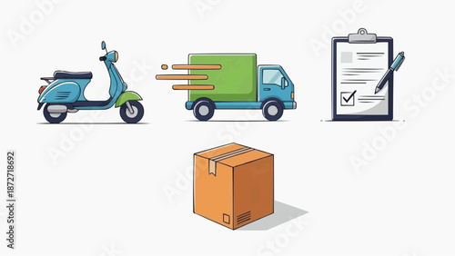 Delivery process illustration featuring scooter, truck, package, and checklist on a clean white background from a straightforward viewpoint