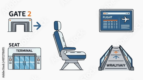 Airplane Seat and Terminal Gate Illustration with Flight Information and Boarding Jetway View