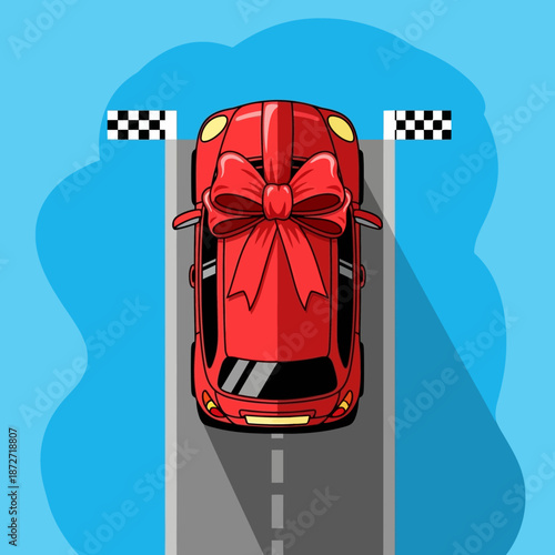 red gift car with a large bow on a road and checkered flags symbolizing a grand prize achievement and celebration for competition winners.