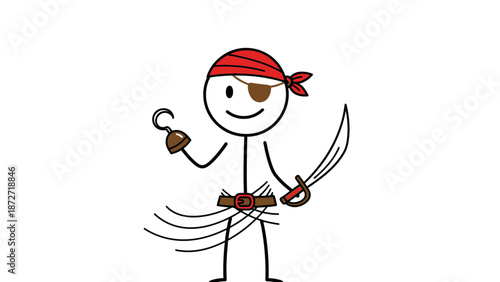 Cartoon Pirate Character with Sword and Hook.
