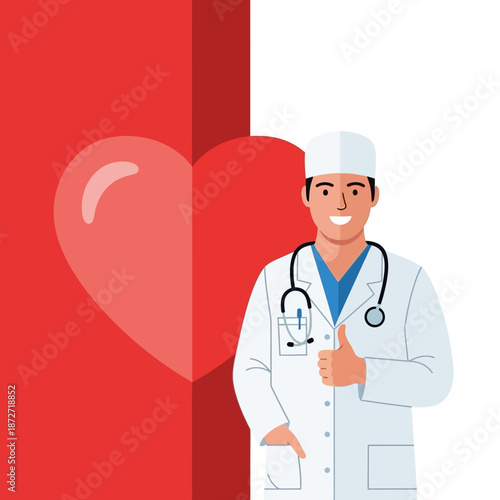 smiling male doctor in lab coat giving thumbs up with a stethoscope symbolizing excellent heart health and medical care promotion