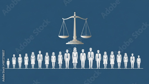 Scales of justice above diverse group of people symbolizing equality and fairness in law vector illustration for legal concepts