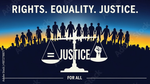 Diverse group of people holding hands scales of justice with equality symbol and fist concept for human rights and social justice