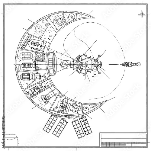 space station blueprint detailing crescent orbital habitat with a docked spacecraft ideal for futuristic scientific exploration designs