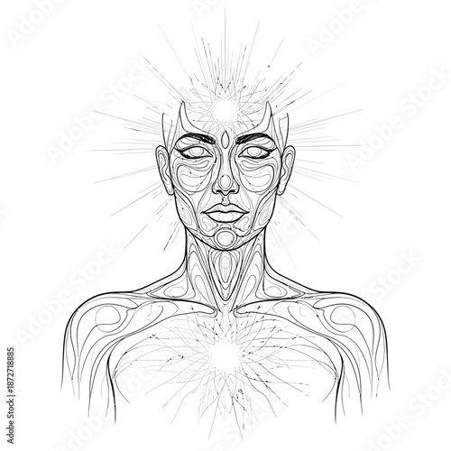 spiritual anatomy art of an energetic human figure radiating inner light and cosmic awareness for holistic wellness and meditative concepts