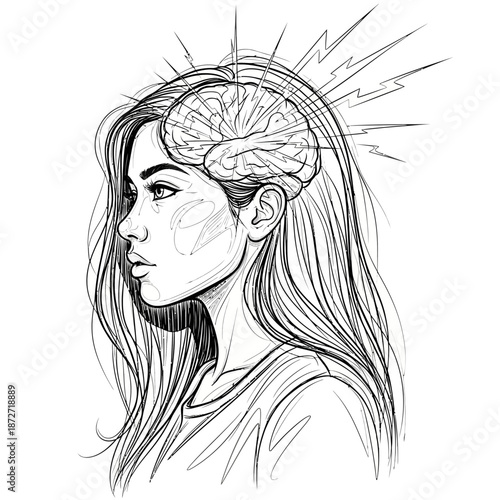 stress and mental health concept art featuring a thoughtful womans profile with an active brain suitable for psychology education and medical content