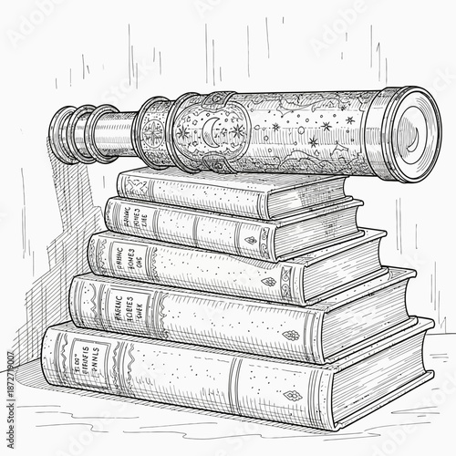 vintage telescope stack of books in a scholarly setting symbolizing knowledge scientific discovery and historical exploration for educational designs.