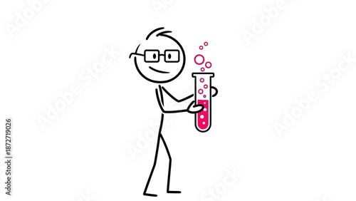 Scientist holding test tube with red liquid.
