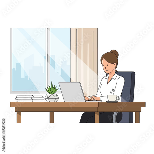woman working on laptop at modern office desk by window with city view focusing on digital tasks for remote business productivity