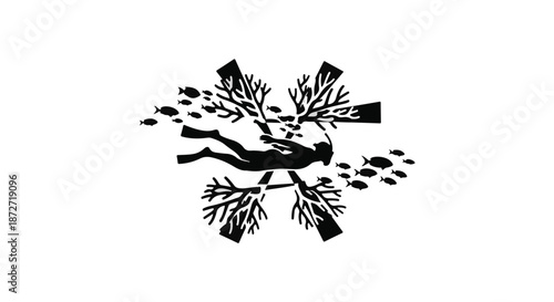 Silhouette of a diver exploring vibrant coral reefs with a school of fish swimming by