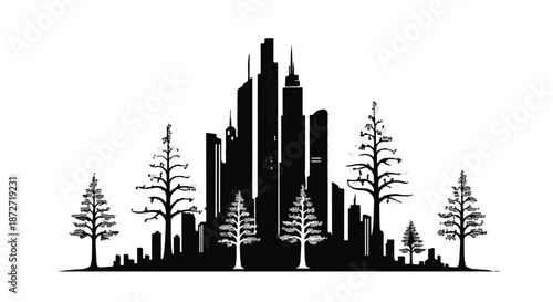 Modern city skyline silhouette with surrounding evergreen trees