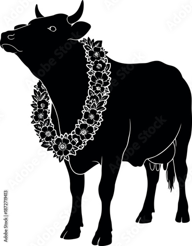 Silhouette of a cow wearing a floral garland around its neck
