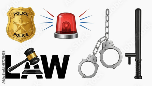 Law enforcement symbols including badge, siren, handcuffs, and gavel representing justice and authority
