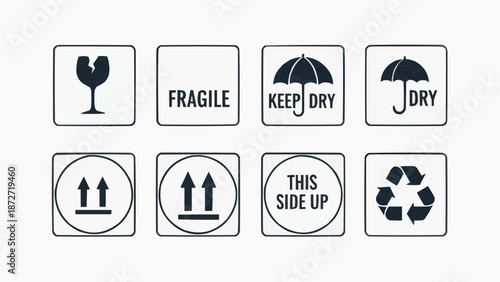 Collection of shipping labels and symbols for handling fragile items with care